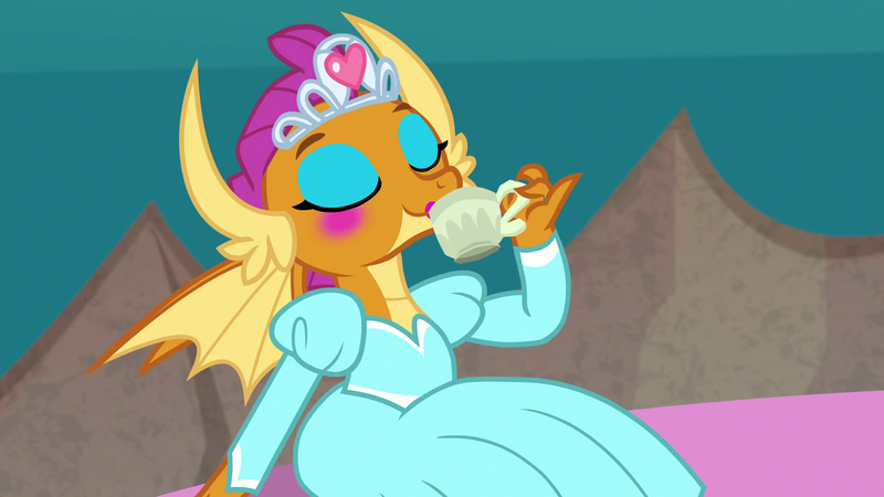 Size: 1920x1080 | Tagged: clothes, cup, cute, derpibooru import, dragon, dragoness, dress, eyes closed, eyeshadow, female, food, jewelry, lidded eyes, lipstick, makeup, princess smolder, safe, screencap, smolder, smolderbetes, solo, tea, teacup, tiara, uprooted