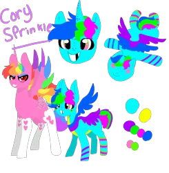 Size: 1940x1980 | Tagged: safe, artist:nootaz, derpibooru import, oc, oc:cory sprinkles, oc:prince bloodshed, alicorn, pony, alicorn oc, donut steel, horn, reference sheet, wings