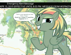 Size: 1215x938 | Tagged: safe, artist:lightning stripe, derpibooru import, oc, oc:storm pony, ponified, pegasus, pony, brony network, emergency alert system, female, green coat, mare, meme, radar, show accurate, solo, texas, text, text bubbles, that's a nice everything you have there, weather, wings