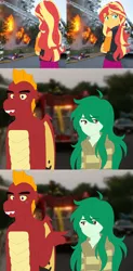 Size: 2640x5368 | Tagged: safe, artist:fantasygerard2000, derpibooru import, garble, sunset shimmer, wallflower blush, dragon, equestria girls, equestria girls series, clothes, fiery shimmer, fire, fire engine, hoodie, looking back, pointing, real life background, vest