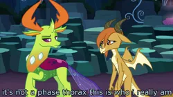 Size: 1920x1080 | Tagged: caption, changedling, changeling, changeling king, derpibooru import, disguise, disguised changeling, dragon, dragonellus, dragon ocellus, duo, edit, edited screencap, female, image macro, it's a phase, it's not a phase, king thorax, male, ocellus, safe, screencap, text, thorax, thorax is not amused, uprooted