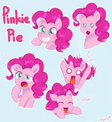 Size: 1102x1200 | Tagged: safe, artist:ch-chau, derpibooru import, pinkie pie, earth pony, pony, bust, confused, cute, dialogue, diapinkes, expressions, eyes closed, female, grin, happy, mare, open mouth, question mark, shocked, simple background, smiling, solo, surprised