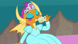 Size: 1920x1080 | Tagged: safe, derpibooru import, screencap, smolder, dragon, uprooted, animated, clothes, cute, dragoness, dream, dress, embarrassed, eyeshadow, female, food, grin, lipstick, makeup, nervous, nervous grin, panicking, princess smolder, smiling, smolderbetes, solo, sound, tea, we don't normally wear clothes, webm