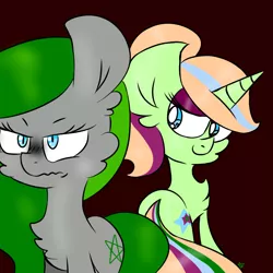 Size: 768x768 | Tagged: safe, artist:magicalduck64, artist:star draw, derpibooru import, oc, oc:star draw, oc:sun draw, pony, unicorn, annoyed, bedroom eyes, behind you, dark background, duo, duo female, female, lightly watermarked, not amused face, siblings, sisters, unamused, watermark