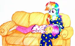 Size: 2137x1306 | Tagged: safe, artist:liaaqila, derpibooru import, rainbow dash, scootaloo, equestria girls, barefoot, clothes, commission, couch, cute, cutealoo, duo, feet, liaaqila is trying to murder us, lying down, pajamas, scootalove, sitting, sleeping, smiling