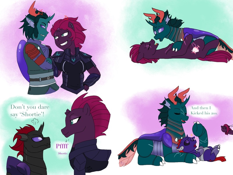 Size: 2048x1536 | Tagged: questionable, artist:fallenangel5414, derpibooru import, pharynx, tempest shadow, oc, oc:mantis, changedling, changeling, human, hybrid, pony, unicorn, alternate hairstyle, broken horn, crack shipping, eye scar, female, horn, horned humanization, humanized, implied sex, interspecies, interspecies offspring, looking at each other, male, offspring, parent:pharynx, parent:tempest shadow, parents:tempynx, prince pharynx, scar, shipping, tempynx