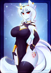 Size: 2200x3100 | Tagged: suggestive, artist:koveliana, derpibooru import, oc, oc:altima, unofficial characters only, anthro, unicorn, anthro oc, breasts, clothes, commission, evening gloves, female, gloves, long gloves, mare, open chest, smiling, solo, solo female, ych result