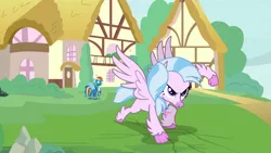 Size: 1920x1080 | Tagged: safe, derpibooru import, screencap, rainbow dash, silverstream, classical hippogriff, hippogriff, pegasus, pony, uprooted, badass, clothes, dream, duo, female, goggles, mare, superhero landing, uniform, wonderbolts uniform