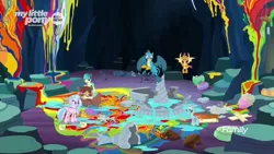 Size: 1366x768 | Tagged: safe, derpibooru import, screencap, gallus, ocellus, sandbar, silverstream, smolder, yona, changedling, changeling, classical hippogriff, dragon, earth pony, gryphon, hippogriff, pony, yak, uprooted, broken, bucket, cave, cave of harmony, chime, cushion, dragoness, female, fountain, headphones, male, mess, paint, paint bucket, painting, plank, ponies riding yaks, ripped, ruined, stool, student six, table, water, wet, wreckage