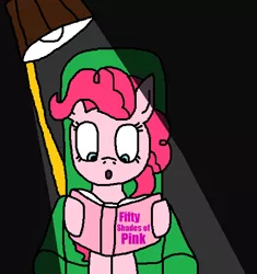 Size: 499x530 | Tagged: suggestive, artist:logan jones, derpibooru import, pinkie pie, pony, book, chair, dark, female, fifty shades of grey, fifty shades of pink, lamp, light, reading, surprised
