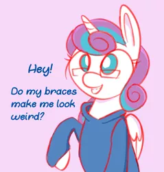 Size: 1470x1539 | Tagged: safe, artist:niteax, derpibooru import, princess flurry heart, alicorn, pony, 30 minute art challenge, braces, bronybait, clothes, cute, dialogue, female, flurrybetes, glasses, mare, nerd, nerdy heart, no pupils, older, older flurry heart, simple background, solo, sweater