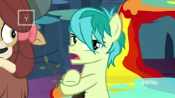 Size: 1366x768 | Tagged: safe, derpibooru import, screencap, sandbar, yona, earth pony, pony, uprooted, annoyed, discovery family logo, looking at something, looking at you, male, paint, painting, sapling, soil, tv rating, tv-y, upset