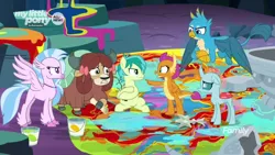 Size: 1366x768 | Tagged: safe, derpibooru import, screencap, gallus, ocellus, sandbar, silverstream, smolder, yona, changedling, changeling, classical hippogriff, dragon, earth pony, gryphon, hippogriff, pony, yak, uprooted, angry, bow, bucket, cloven hooves, colored hooves, discovery family logo, dragoness, female, flying, fountain, glare, hair bow, jewelry, male, mess, monkey swings, necklace, paint, paint bucket, painting, pointing, puddle, sad, sapling, student six, teenager, upset, water, wet