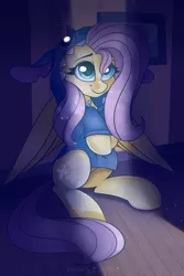 Size: 1417x2126 | Tagged: safe, artist:shadowreindeer, derpibooru import, fluttershy, pegasus, pony, clothes, colored pupils, cosplay, costume, crossover, cute, female, hoodie, hooves to the chest, mare, shyabetes, solo, stitch, sweater