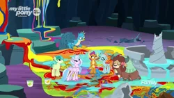 Size: 1366x768 | Tagged: safe, derpibooru import, screencap, gallus, ocellus, sandbar, silverstream, smolder, yona, changedling, changeling, classical hippogriff, dragon, earth pony, gryphon, hippogriff, pony, yak, uprooted, broken, bucket, cave, cave of harmony, discovery family logo, dragoness, female, fountain, male, paint, paint bucket, painting, scroll, shattered, student six, water, wet