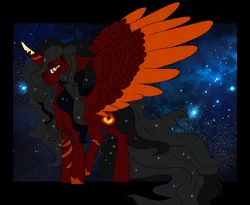 Size: 3907x3200 | Tagged: safe, artist:brainiac, derpibooru import, oc, oc:elusive black, ponified, alicorn, black hole pony, pony, alicorn oc, black hole, chest fluff, colored horn, colored wings, colored wingtips, curved horn, ear fluff, ethereal mane, female, horn, leg fluff, lidded eyes, looking at you, mare, messier 87, red and black oc, reference, reference sheet, shoulder fluff, slit eyes, solo, space, spread wings, starry mane, stars, wing fluff, wings