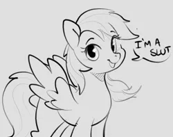 Size: 604x475 | Tagged: safe, artist:lunarmarshmallow, derpibooru import, rainbow dash, pegasus, pony, cute, dialogue, female, looking at you, mare, missing cutie mark, monochrome, open mouth, rainbow slut, simple background, slut, smiling, solo, spread wings, subtle as a train wreck, talking to viewer, vulgar, wings