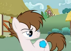 Size: 1000x720 | Tagged: safe, artist:enash97, derpibooru import, edit, oc, oc:crash bash, earth pony, pony, blue eyes, brown mane, male, simple background, solo