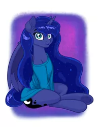 Size: 2550x3300 | Tagged: safe, artist:latecustomer, derpibooru import, part of a set, princess luna, alicorn, pony, clothes, cute, female, looking at you, lunabetes, mare, oversized clothes, sitting, solo, sweater