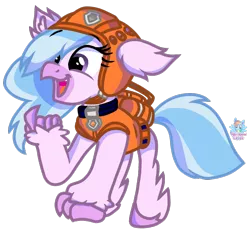 Size: 1064x978 | Tagged: artist:rainbow eevee, clothes, collar, cute, derpibooru import, diastreamies, helmet, hippogriff, lifejacket, open mouth, oxygen tank, paw patrol, raised claw, safe, silverstream, simple background, smiling, solo, trace, transparent background, vector, zuma