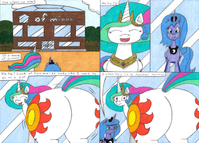 Size: 4240x3059 | Tagged: questionable, artist:eternaljonathan, derpibooru import, princess celestia, princess luna, oc, oc:mirro, alicorn, pony, comic:first three back, butt, butt shake, comic, deviantart, image, jpeg, mirror, plot, royal sisters, sunbutt, traditional art, whinnyland