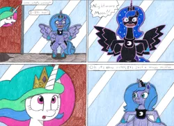 Size: 4243x3066 | Tagged: safe, artist:eternaljonathan, derpibooru import, nightmare moon, princess celestia, princess luna, alicorn, pony, comic:first three back, comic, deviantart, mirror, royal sisters, traditional art, whinnyland