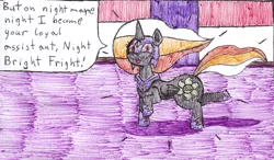 Size: 1484x864 | Tagged: safe, artist:eternaljonathan, derpibooru import, princess celestia, oc, oc:night bright fright, alicorn, pony, comic:gobbling audition, alicorn oc, comic, deviantart, horn, ink, marker drawing, traditional art, transformation, wings