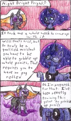 Size: 886x1496 | Tagged: safe, artist:eternaljonathan, derpibooru import, princess celestia, princess luna, oc, oc:night bright fright, alicorn, pony, comic:gobbling audition, alicorn oc, butt, comic, deviantart, horn, ink, plot, royal sisters, traditional art, wings