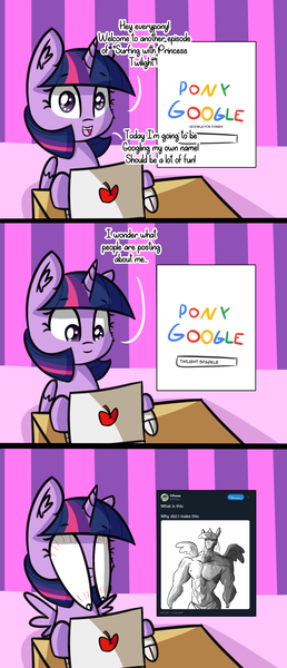 Size: 1952x4532 | Tagged: suggestive, artist:artiks, artist:tjpones, derpibooru import, twilight sparkle, twilight sparkle (alicorn), alicorn, pony, abs, bulging eyes, comic, computer, dialogue, female, google, internet, laptop computer, mare, meta, shocked, smiling, table, twitter, vlog