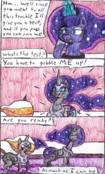 Size: 908x1498 | Tagged: safe, artist:eternaljonathan, derpibooru import, nightmare moon, princess celestia, princess luna, oc, oc:night bright fright, alicorn, pony, comic:gobbling audition, alicorn oc, comic, deviantart, horn, ink, magic, royal sisters, traditional art, transformation, wings