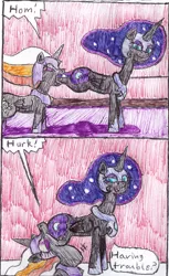 Size: 915x1494 | Tagged: safe, artist:eternaljonathan, derpibooru import, nightmare moon, princess celestia, oc, oc:night bright fright, alicorn, pony, comic:gobbling audition, alicorn oc, comic, deviantart, fetish, horn, ink, princess vorestia, traditional art, vore, wings