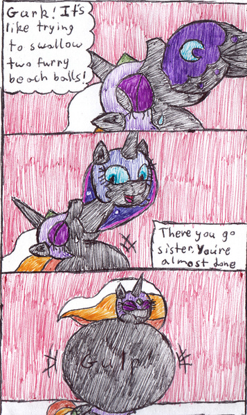 Size: 905x1520 | Tagged: questionable, artist:eternaljonathan, derpibooru import, nightmare moon, princess celestia, oc, oc:night bright fright, pony, comic:gobbling audition, comic, deviantart, fetish, ink, princess vorestia, traditional art, vore