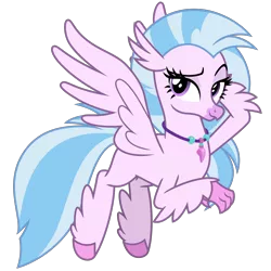 Size: 3000x3000 | Tagged: artist:cheezedoodle96, classical hippogriff, derpibooru import, female, flying, hippogriff, jewelry, lidded eyes, looking at you, necklace, raised eyebrow, safe, silverstream, simple background, smiling, smirk, solo, spread wings, svg, .svg available, transparent background, vector, wings