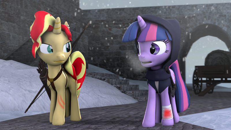 Size: 1920x1080 | Tagged: safe, artist:fd-daylight, derpibooru import, sunset shimmer, twilight sparkle, pony, 3d, crossover, skyrim, source filmmaker, the elder scrolls