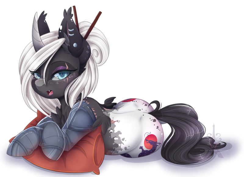 Size: 1024x743 | Tagged: safe, artist:silent-shadow-wolf, derpibooru import, oc, oc:nori, unofficial characters only, alicorn, cyborg, pony, alicorn oc, amputee, body markings, both cutie marks, butt freckles, chest fluff, chopsticks, chopsticks in hair, curved horn, cyberpunk, ear piercing, eye scar, eyeshadow, fangs, female, freckles, horn, lidded eyes, makeup, mare, piercing, pillow, prosthetic limb, prosthetics, scar, simple background, slit eyes, solo, transparent background, wingless, wings