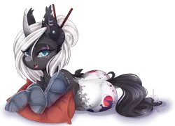 Size: 1024x743 | Tagged: safe, artist:silent-shadow-wolf, derpibooru import, oc, oc:nori, unofficial characters only, alicorn, cyborg, pony, alicorn oc, amputee, body markings, both cutie marks, butt freckles, chest fluff, chopsticks, chopsticks in hair, curved horn, cyberpunk, ear piercing, eye scar, eyeshadow, fangs, female, freckles, horn, lidded eyes, makeup, mare, piercing, pillow, prosthetic limb, prosthetics, scar, simple background, slit eyes, solo, transparent background, wingless, wings