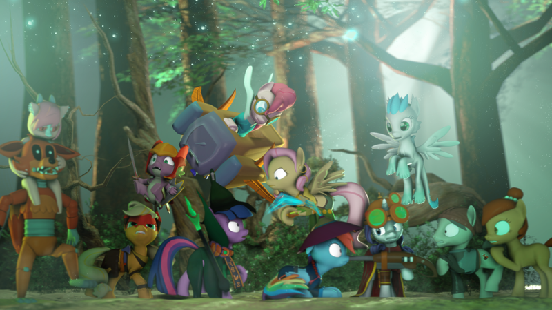 Size: 1920x1080 | Tagged: safe, artist:sourcerabbit, derpibooru import, applejack, fluttershy, pinkie pie, rainbow dash, rarity, spike, twilight sparkle, dragon, pony, 3d, baby, baby dragon, crossover, five nights at freddy's, foxy, mane seven, mane six, source filmmaker