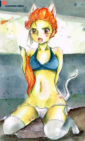 Size: 2004x3294 | Tagged: questionable, artist:mashiromiku, derpibooru import, spitfire, cat, equestria girls, breasts, cameltoe, cute, cutefire, patreon, patreon logo, traditional art, watercolor painting