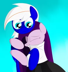 Size: 2000x2150 | Tagged: safe, artist:visionwing, derpibooru import, oc, oc:electric blue, oc:visionwing, pony, black skirt, confused, eyes closed, happy, hug, looking at someone, white shirt