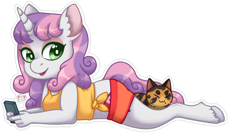 Size: 800x469 | Tagged: safe, artist:soulnik, derpibooru import, sweetie belle, oc, oc:granite, anthro, cat, unguligrade anthro, unicorn, clothes, cute, diasweetes, ear fluff, female, mare, notification, older, older sweetie belle, phone, prone, shorts, side knot midriff, speech bubble, unshorn fetlocks