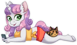 Size: 800x469 | Tagged: safe, artist:soulnik, derpibooru import, sweetie belle, oc, oc:granite, anthro, cat, unguligrade anthro, unicorn, clothes, cute, diasweetes, ear fluff, female, mare, notification, older, older sweetie belle, phone, prone, shorts, side knot midriff, speech bubble, unshorn fetlocks