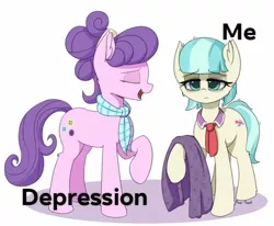 Size: 720x594 | Tagged: semi-grimdark, artist:puetsua, derpibooru import, edit, coco pommel, suri polomare, pony, depressed, depression, duo, meme, sad, tired