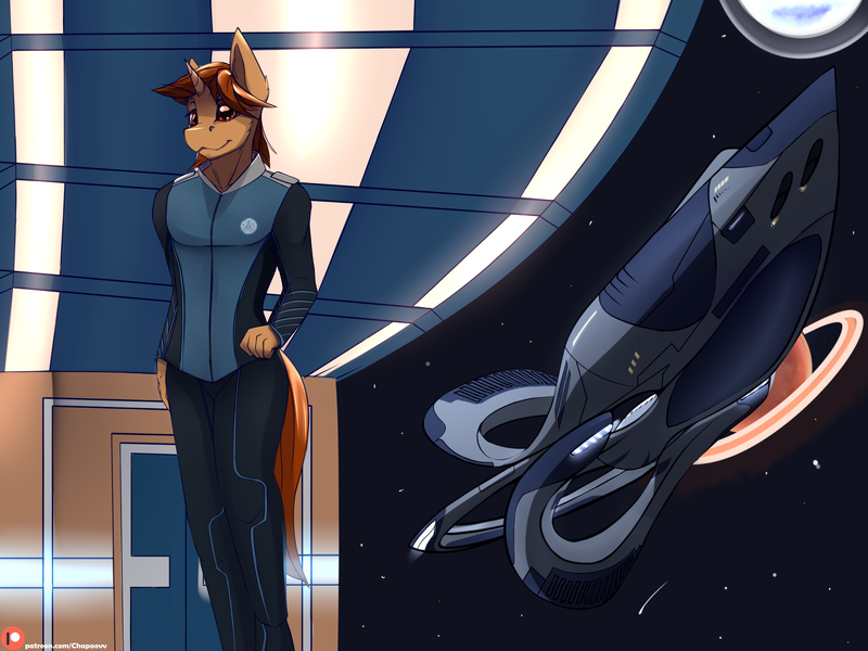 Size: 2000x1500 | Tagged: anthro, anthro oc, artist:chapaevv, clothes, crossover, derpibooru import, looking at you, oc, oc:star shot, orville, patreon, patreon logo, safe, solo, space, spaceship, the orville, uniform, unofficial characters only