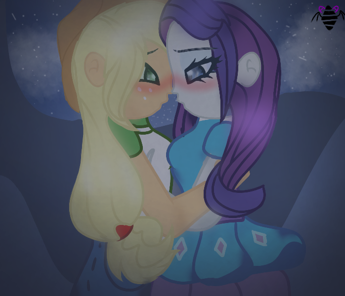 Size: 698x600 | Tagged: safe, artist:aurumnarts, derpibooru import, applejack, rarity, equestria girls, blushing, boop, clothes, cute, dress, female, hat, holding each other, jackabetes, lesbian, looking at each other, night, noseboop, raribetes, rarijack, shipping