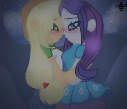 Size: 698x600 | Tagged: safe, artist:aurumnarts, derpibooru import, applejack, rarity, equestria girls, blushing, boop, clothes, cute, dress, female, hat, holding each other, jackabetes, lesbian, looking at each other, night, noseboop, raribetes, rarijack, shipping