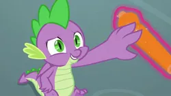 Size: 1280x720 | Tagged: claws, derpibooru import, dragon, highlighter, magic, magic aura, male, misleading thumbnail, out of context, safe, school of friendship, screencap, smiling, solo, spike, tail, uprooted, winged spike, wings