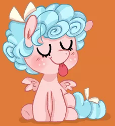 Size: 592x652 | Tagged: safe, artist:pinkiespresent, derpibooru import, cozy glow, pegasus, pony, :p, cozybetes, cute, eyes closed, female, filly, orange background, silly, simple background, sitting, solo, tongue out