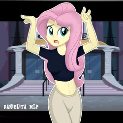 Size: 1024x1024 | Tagged: safe, artist:danielitamlp, derpibooru import, fluttershy, equestria girls, arms in the air, belly button, breasts, canterlot high, clothes, female, midriff, open mouth, pants, shirt, short sleeves, solo