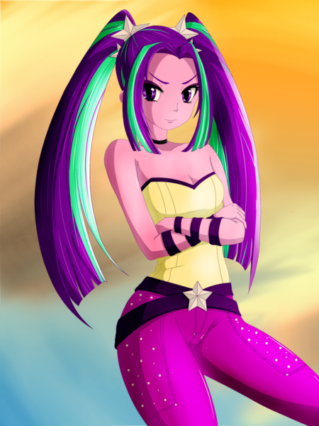 Size: 1024x1366 | Tagged: safe, artist:jabbie64, artist:kuya64, derpibooru import, aria blaze, equestria girls, rainbow rocks, arm bands, bare shoulders, belt buckle, clothes, crossed arms, female, pants, sleeveless, solo, strapless