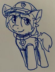 Size: 2006x2613 | Tagged: safe, artist:rainbow eevee, derpibooru import, sandbar, pony, cap, clothes, collar, cute, hat, ink drawing, lineart, looking at you, male, monochrome, paw patrol, sandabetes, simple background, solo, traditional art